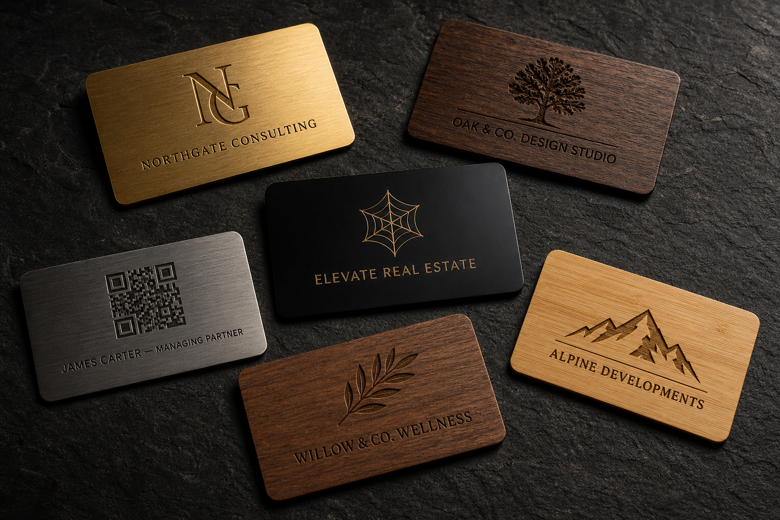 Premium engraved metal and wooden business cards on dark slate